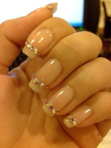 Matt french pink base, french tip, pink and clear swarovski crystals